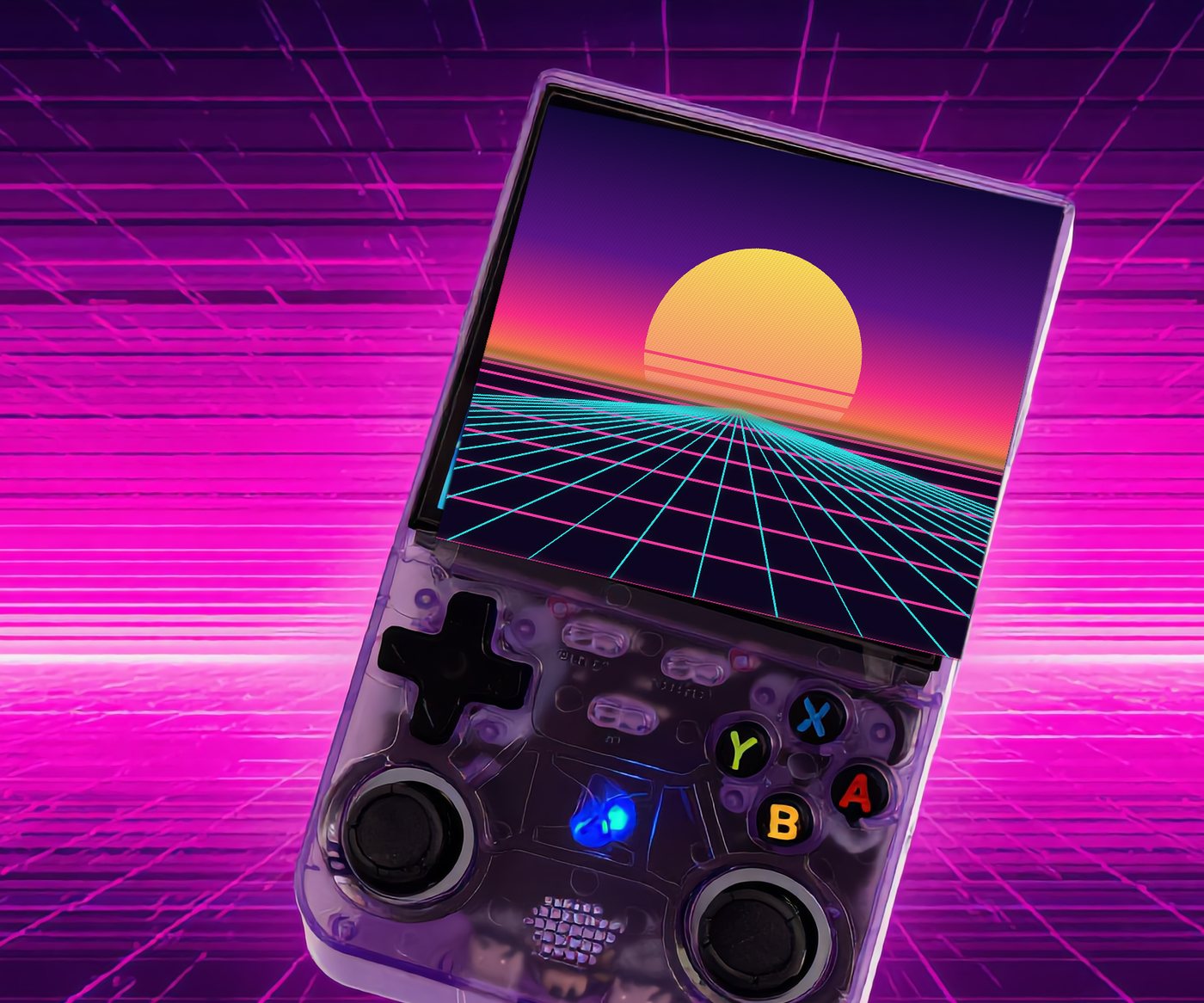 Retro Ultra handheld glowing on a neon grid